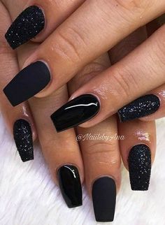 Black Wedding Nail Designs, Black Wedding Nails Bridesmaid, Black Wedding Nails Classy, Cute Acrylic Nails Black, Matte Nails French Tip, Wedding Nails For Bride Black, Black And White Glitter Nails, Black Ballerina Nails, Black Wedding Nails For Bride