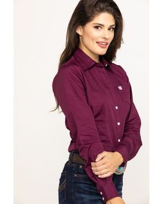 Cinch Women's Burgundy Button Down Long Sleeve Western Shirt , Burgundy Classic Fall Shirt With Back Button Closure, Slim Fit Shirt With Button Cuffs For Fall, Solid Shirt With Snap Buttons For Work, Work Shirt With Snap Buttons, Solid Color Workwear Shirt With Snap Buttons, Solid Work Shirt With Snap Buttons, Ag Teacher, Country Clothes, The Cinch