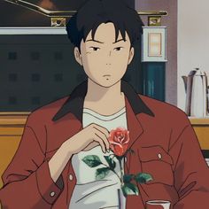 an anime character holding a rose in his hand