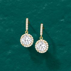 Ross-Simons - 1.80 ct. t. w. Cubic Zirconia Halo Drop Earrings in 14kt Yellow Gold. A glittery pair of 1.80 ct. t. w. CZ drops glisten with a sparkling halo of more petite CZ rounds. Set in polished 14kt yellow gold. Hanging length is 5/8". Post/clutch, CZ halo drop earrings. CZ weights are diamond equivalents. Mangalsutra Designs, Diamond Drop Earrings, Buy 1, Capsule Wardrobe, Round Diamonds, Halo, Cubic Zirconia, Fine Jewelry, Sparkle