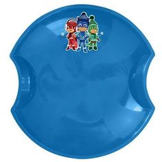 a blue plastic plate with two cartoon characters on the front and one in the back