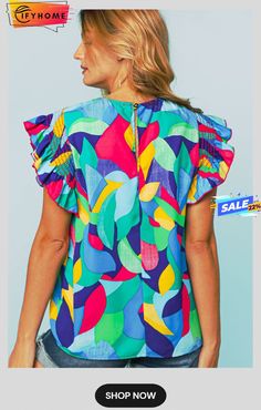 Multicolor Abstract Print Stitching Ruffle Sleeve Blouse Sequin Bodycon Dress, Unique Blouse, Ruffle Sleeve Blouse, Dressing Up, Pump Dress, Ruffled Sleeves, Lingerie Romper, Beautiful Blouses, Ruffle Sleeves