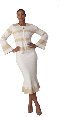 Kayla Knit 5323 2 piece Zig Zag Knit Skirt Suit Colors: Ivory/Gold Jacket Length: 24 3/4" Skirt Length: 28 1/2" Sizes: 6, 8, 10, 12, 14, 16, 18, 20, 22, 24 Womens Church Suits, Suit Colors, Church Suits And Hats, Dresses Church, Knit Suits, Matching Hats, Women Church Suits, Gold Jacket, Curvy Fashionista