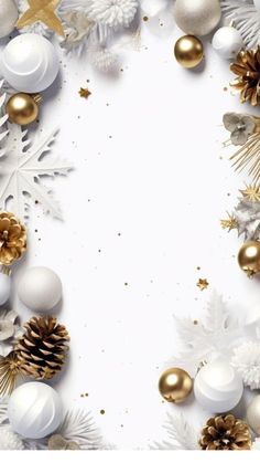 white and gold christmas decorations on a white background