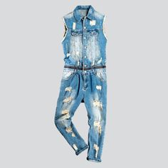 Make a statement this season with our 2023 Spring-Summer Collection of distressed bare-shoulder men's denim overalls! Crafted with an edgy distressed pattern for a modern street style. these overalls offer a blend of contemporary fashion and nostalgic grunge. With a slim fit and a seamless blend of a resilient zipper and stylish button closure. these overalls deliver both functionality and flair. Crafted with premium quality denim for durability. our overalls are the ultimate expression of grung Ripped Denim Blue Vest For Summer, Summer Ripped Denim Blue Vest, Summer Ripped Denim Vest In Denim Blue, Trendy Ripped Denim Jumpsuit For Spring, Summer Distressed Denim Vest, Spring Ripped Jeans Overall, Trendy Ripped Denim Vest For Summer, Summer Denim Vest For Streetwear, Summer Streetwear Denim Vest