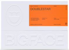 an orange and white business card with the words, bigface on it's side