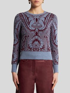 Wool jacquard sweater with Paisley motif.• Regular fit• Crew neck��• Long sleeves• Made in Italy• The model is 5’10” (178 cm) tall and wears a size 40 (IT) • 100% wool Paisley Sweater, Italian Textiles, Embroidered Wool, Jacquard Sweater, Jacquard Knit, Wool Knit, Sweaters Knitwear, Paisley Pattern, Wool Jacket