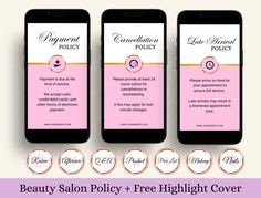 three cell phones with the text beauty salon policy and free high - cost cover on them