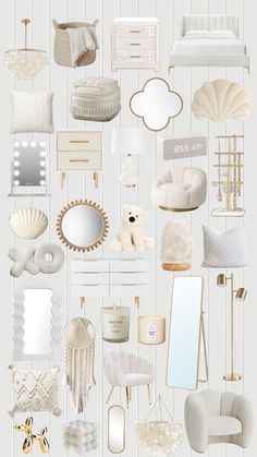 a collage of white and gold furniture, mirrors, lamps, and other items