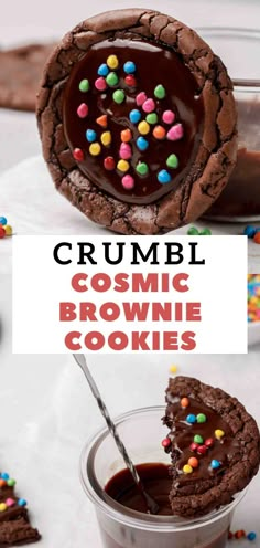 chocolate cookie with sprinkles on top and the words crumbl cosmic brownie cookies above it