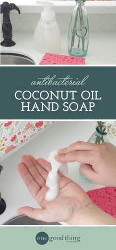 a hand soap dispenser is being used to clean the hands with coconut oil