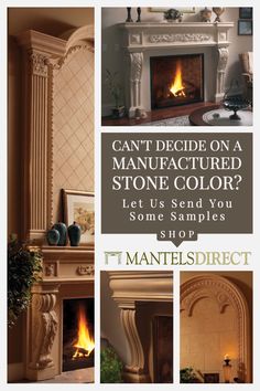 a fireplace with the words can't decide on a manufactured stone color? let us send you some samples shop