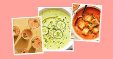 three pictures of soups and drinks on a pink background