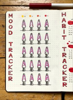 Photo of a bullet journal mood tracker lava lamp themed. There are little drawings of lava lamps. Scarf Mood Tracker, Dot Journal Ideas For Beginners, Calorie Journal, Bujo Habit Tracker, Bujo Mood Tracker, Bullet Journal Tracker Ideas