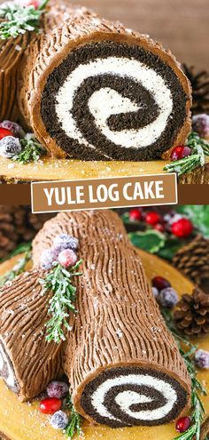 a cake that looks like a log with frosting on top and the words yule log cake above it