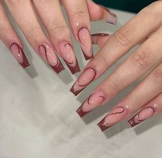 Burgundy French Tip Nails Acrylic, Medium Coffin French Tip Nails, Burgundy French Tip Nails, Burgundy French Tip, Coffin Nails French Tip, Coffin French Tip, Girly Acrylic Nails, Casual Nails, French Acrylic Nails