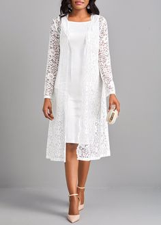 Package Contents : 1 X Dress , 1 X Cardigan Color : White Printing Design : Plain Color Clothing Length : Midi Back Length(inch) :XXSXSSMLXLXXL40.941.842.643.545.046.747.6Note: The inaccuracy is between 1 and 1.5 inches due to manually measurement.Sleeve's Length : Long Sleeve Neckline : Square Neck Sleeve Style : Regular Sleeve Season : Summer Style : Elegant Occasion : Church Composition : 95% Polyester 5% Spandex Washing Instructions : Hand Wash See More White Long Dresses Elegant, Womens White Dresses, All White Dress Outfit, White Dress For Church, Square Neck White Dress, White Lace Dress Outfit, Extraordinary Fashion, Elegant Dresses Plus Size, Suit Dresses