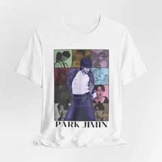 a white t - shirt with an image of park jimin on it