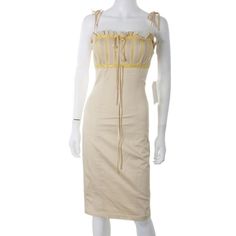 Elegant Betsey Johnson Fashion Piece. This Beige-Colored Ruffle Bodice Dress In Size 6 Presents A Timeless Style Accentuated By Charming String Tie Highlights And Pleating. Circa 2000s, Comes With Tag. Yellow Fitted Midi Dress With Ruffles, Fitted Yellow Midi Dress With Ruffles, Betsey Johnson Floral Dress, Retro Midi Dress, Glitter Party Dress, Leopard Print Wrap Dress, Ruffle Bottom Dress, Evening Midi Dress, Betsey Johnson Dress