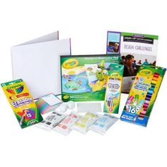 an assortment of children's art supplies including crayons, markers and paper