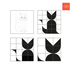 four squares with black and white cats on them, one has an orange cat in the middle