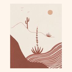 a desert scene with a cactus and mountains