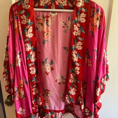 Here Is A Never Worn Kimono By Mahila From Anthropologie. Cheerful Pink And Red Floral 100% Modal. True Kimono Sleeves. Measures 22 Inches From Shoulder To Hem. Nonsmoking Household. Red Floral Print Sleepwear For Spring, Kimono Sleeves, Sleepwear Robe, Kimono Sleeve, Pink And Red, Red Floral, Pink Red, Women's Intimates, Anthropologie