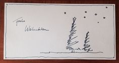 a handwritten note with trees and stars on it