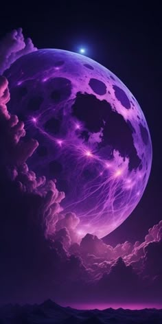 an image of a purple moon in the night sky with clouds and stars around it