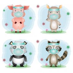 four cartoon animals with masks on their faces and in different poses, one wearing a face mask