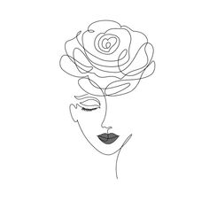 a line drawing of a woman's face with a rose in her hair