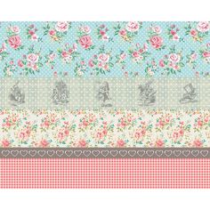 a wallpaper border with roses and rabbits on blue, pink and white checkered paper