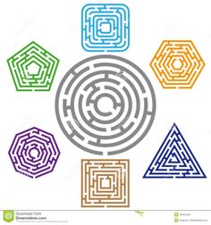 four different colored mazes in the shape of hexagonal shapes on white background