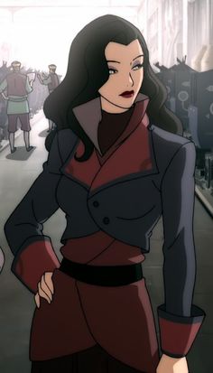 an animated image of a woman in a red and black coat