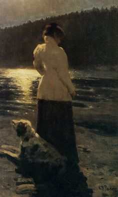 a painting of a woman standing in the water with a dog on her lap next to it