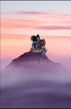 a person sitting on top of a mountain in the sky