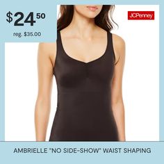 Contour your curves with Ambrielle women's no "Side Show" camisole. This tag-free shapewear is made from breathable stretch fabric for extra tummy control and offers firm support and an overall smoothing look around the waist.Features: Tag Free, Side Smoothing, Comfort Straps, Silicone GripsConcerns: Waist, Torso + Back, Tummy SolutionsSupport: Firm SupportFiber Content: 82% Nylon, 18% SpandexFabric Description: ElastaneCare: Hand Wash, Line DryCountry of Origin: Imported Shapewear, Stretch Fabric, Siding