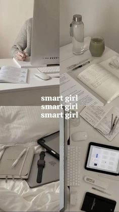 a woman sitting at a desk with her laptop and other office supplies on top of it