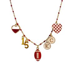 This one of a kind 18k gold plated chain with red beads. The charms show your love for Mahomes. The chain has a lobster claw clasp. The chain length is 18"L. Free Shipping Charmed Show, Red Beads, Kansas City Mo, Red Bead, Kansas City Chiefs, Gold Plated Chains, Lobster Claw, Chain Length, Kansas City