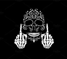 a skull holding two fingers up in the air with an intricate pattern on it's face