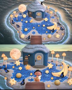 two pictures of a house with stars and moon decorations on the top, and bottom