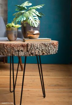 two potted plants sitting on top of a wooden table