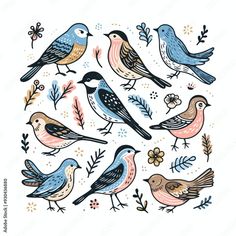 birds with flowers and leaves in the middle, on a white background is an illustration