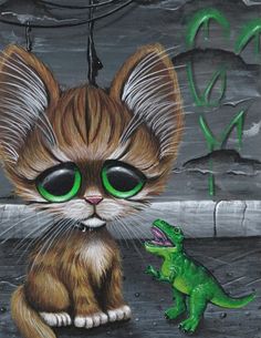 a painting of a cat with green eyes next to a small lizard on the ground