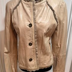 Color: Cream Size:8 Butter Soft Leather Pleated Peplum In Back Zippered Cuffs Zippered Pockets Floral Lining Crochet Leather Trim Button Down Fitted Leather Jacket, Anthropologie Jacket, Leather Trim, Leather Trims, Soft Leather, Zipper Pocket, Anthropologie, Butter, Jackets & Coats