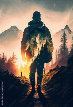 a man with a backpack is walking through the woods at sunset in front of mountains