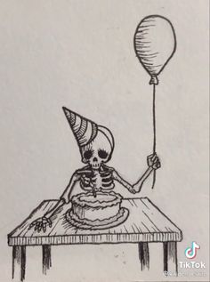 a drawing of a skeleton sitting at a table holding a balloon