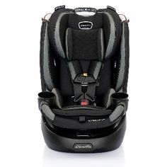 the child's car seat is shown in black and grey colors, with an attached cup holder