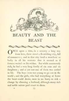 an old book with black and white illustrations on the page, which reads beauty and the beast