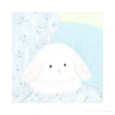 a painting of a white bunny laying on top of a blue bed sheet with flowers